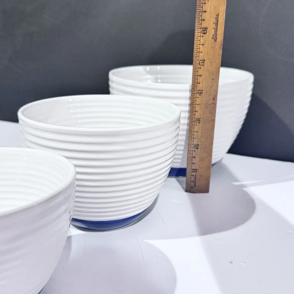 (3) Oxford & Thyme Ribbed Nesting Bowls Classic White & Blue Design GUC SEE PICS